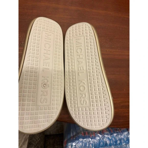 Michael Kors MK Gold White Slide Sandals Womens Size 7M EVA Upper Outsole L022L - Picture 4 of 7